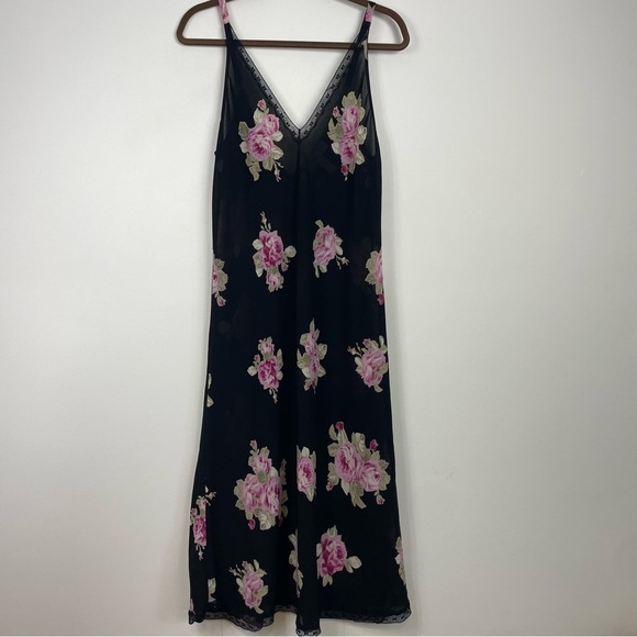 Black Floral Lingerie set Oscar de la Renta Robe Nightgown Rose 2 Piece Med Alt - Picture 2 of 16